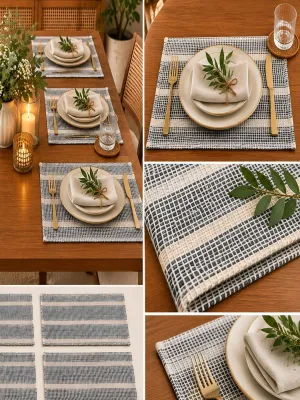 Textured Woven Place Mats – Neutral Striped Design for Dining Table, Pack of 6