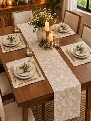 Textured Floral Table Runner & Place Mats Set – Botanical Design, 14 × 72 Inches Runner & 13 × 20 Inches Place Mats, Pack of 5