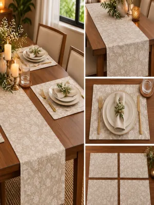 Textured Floral Table Runner & Place Mats Set – Botanical Design, 14 × 72 Inches Runner & 13 × 20 Inches Place Mats, Pack of 5