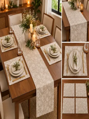 Textured Floral Table Runner & Place Mats Set – Botanical Design, 14 × 72 Inches Runner & 13 × 20 Inches Place Mats, Pack of 5