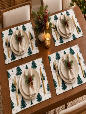 Christmas Tree Printed Table Runner & Place Mats Set – Festive Holiday Dining Table Decor, Pack of 5