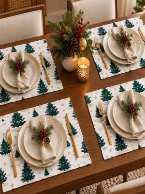 Christmas Tree Printed Place Mats – Festive Holiday Dining Table Decor, Pack of 4, 13 × 20 Inches