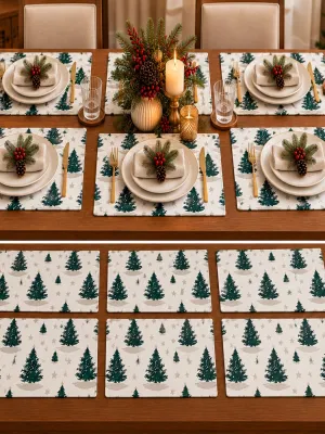 Christmas Tree Printed Place Mats – Festive Holiday Dining Table Decor, Pack of 6, 13 × 20 Inches