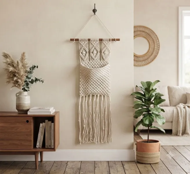 Handmade Macrame Wall Hanging with Pocket – 10 x 30 Inches | Boho Home Decor