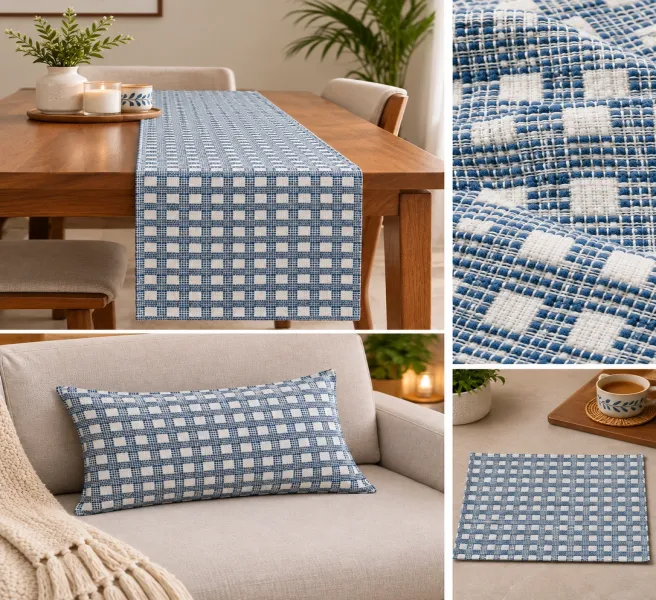 Handcrafted Blue and White Checkered Cotton Pillow, Mat & Table Runner Combo
