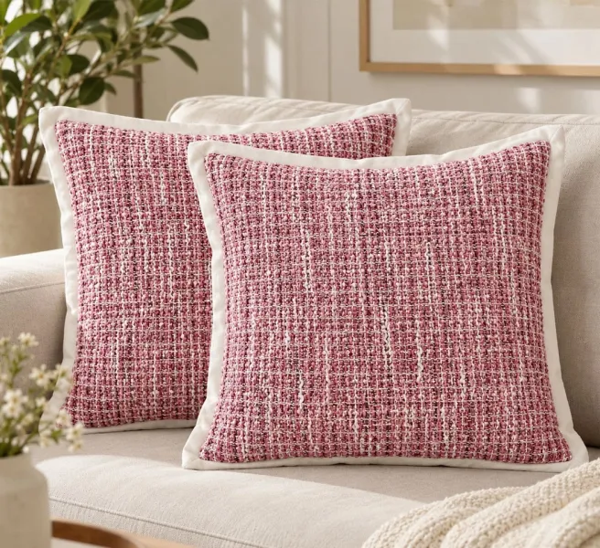 Weave India Pink  Cotton Polyester Waffle Cushion Covers with Ivory Flange – Pack of 2, 18×18 Inches