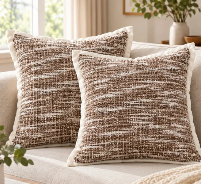 Brown Cotton Polyester Waffle Cushion Covers with Ivory Flange – Pack of 2, 18×18 Inches