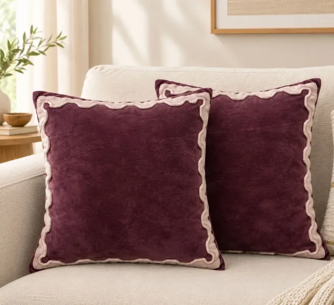 Patchwork Velvet Cushion Cover – Burgundy Maroon with Contrast Border, 20×20 Inches, Pack of 2
