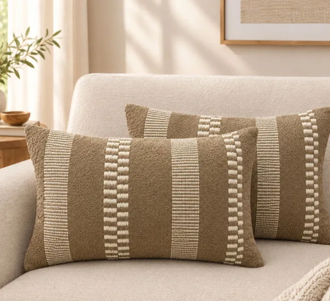 Woven Cotton Cushion Cover – Taupe Brown & Ivory Striped, 14×24 Inches (Pack of 2)