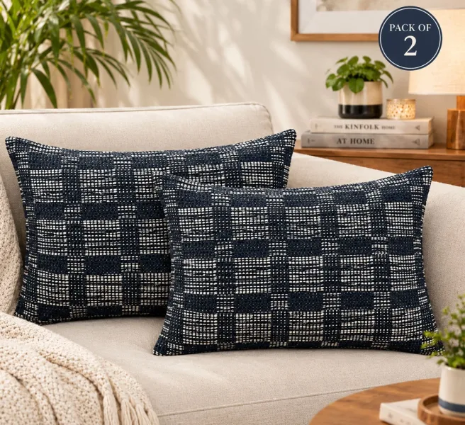 Woven Chenille-Cotton Cushion Cover – Navy Blue Checkered Design, 14×20 Inches, Pack of 2