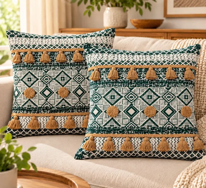 Weave India Dark Green Geometric Tassel Cushion Covers – Pack of 2, 18x18 Inches