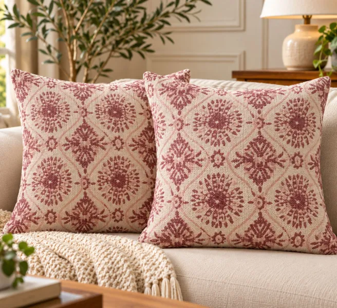 Weave India Natural & Pink Floral Printed Cushion Covers – Pack of 2, 18x18 Inches