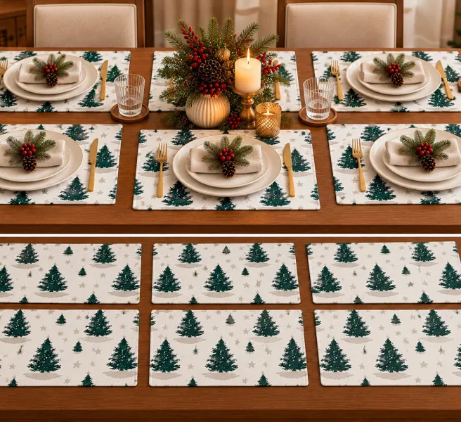 Christmas Tree Printed Place Mats – Festive Holiday Dining Table Decor, Pack of 6, 13 × 20 Inches