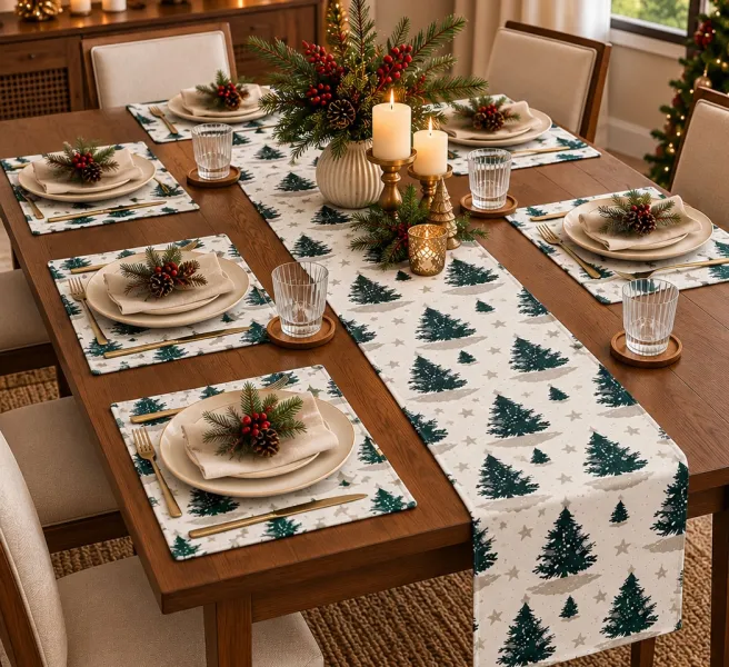 Christmas Tree Printed Table Runner & Place Mats Set – Festive Holiday Dining Table Decor, Pack of 7