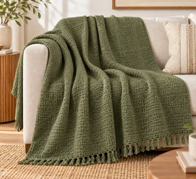 Weave India Olive Green Cotton Waffle Weave Throw with Knotted Fringe – 50×60 Inches
