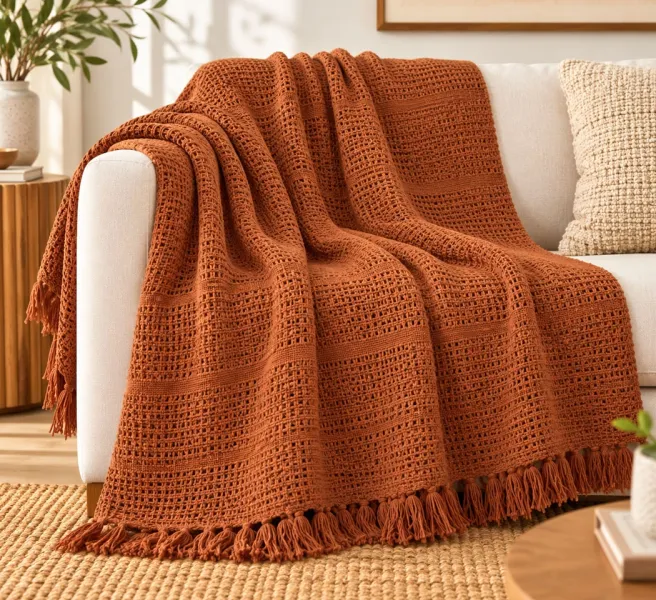 Weave India Rust Cotton Waffle Weave Throw with Knotted Fringe – 50 × 60 Inches