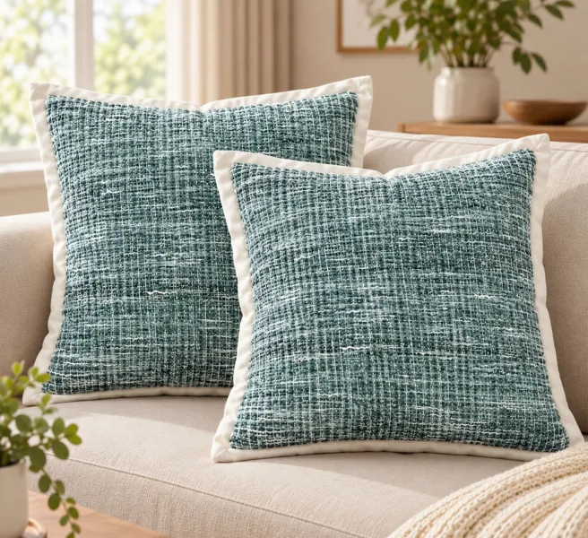 Teal Green Cotton Polyester Waffle Cushion Covers with Ivory Flange – Pack of 2, 18×18 Inches