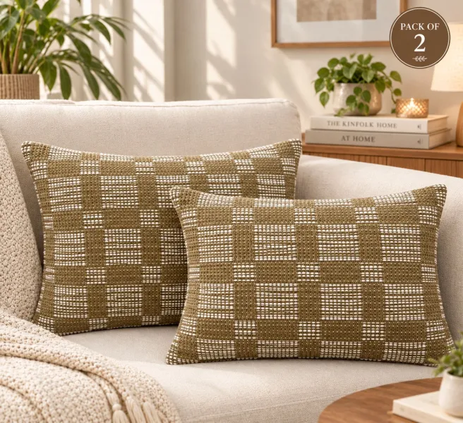 Yellow Brown Woven Cotton-Chenille Cushion Cover – 14×20 Inches, Pack of 2