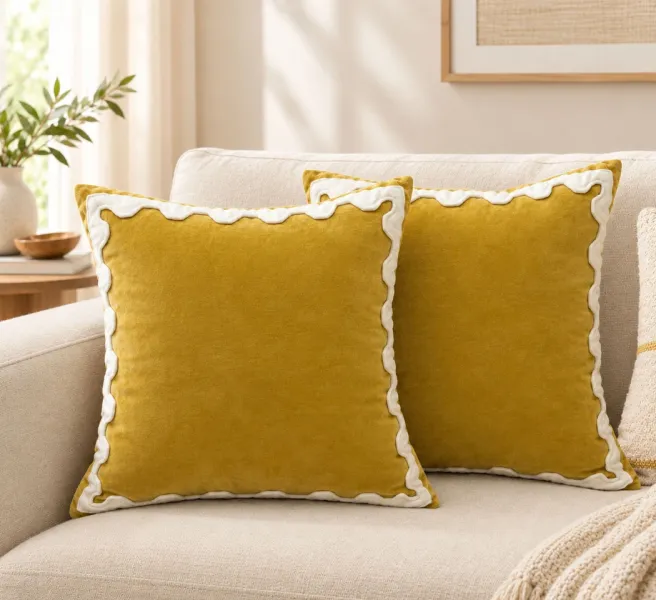 Patchwork Velvet Cushion Cover – Mustard Yellow with White Border, 20×20 Inches, Pack of 2