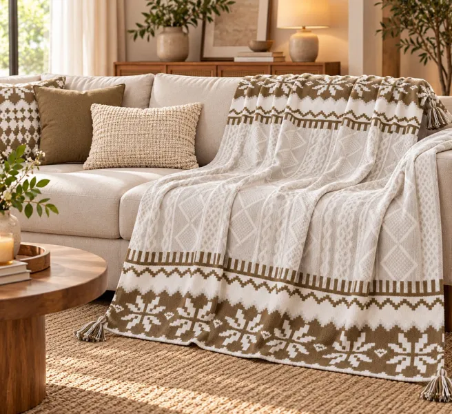 Brown Cotton Polyester Throw Blanket with Cushion Cover Set – 50 × 60 Inches Throw & 18 × 18 Inches Cushion Cover