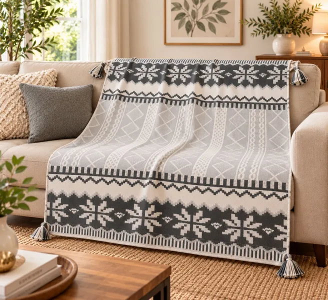 Grey Cotton Polyester Throw Blanket with Cushion Cover Set – 50 × 60 Inches Throw & 18 × 18 Inches Cushion Cover