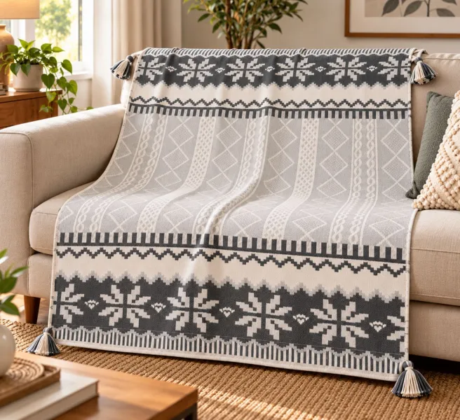 Grey Cotton Polyester Throw Blanket with Cushion Cover Set – 50 × 60 Inches Throw & 18 × 18 Inches Cushion Cover