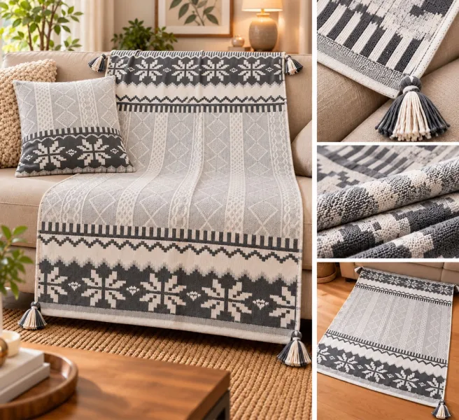Grey Cotton Polyester Throw Blanket with Cushion Cover Set – 50 × 60 Inches Throw & 18 × 18 Inches Cushion Cover