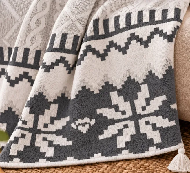 Grey Cotton Polyester Throw Blanket with Tassel – 50 × 60 Inches Throw