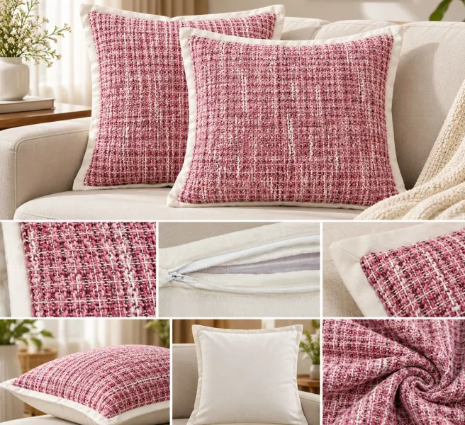 Weave India Pink  Cotton Polyester Waffle Cushion Covers with Ivory Flange – Pack of 2, 18×18 Inches