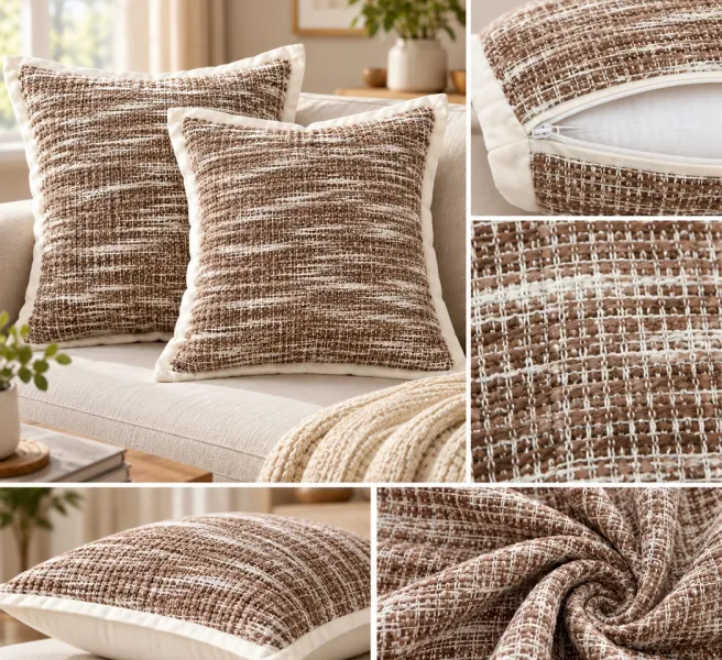 Brown Cotton Polyester Waffle Cushion Covers with Ivory Flange – Pack of 2, 18×18 Inches