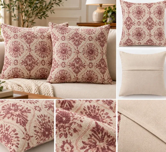 Weave India Natural & Pink Floral Printed Cushion Covers – Pack of 2, 18x18 Inches