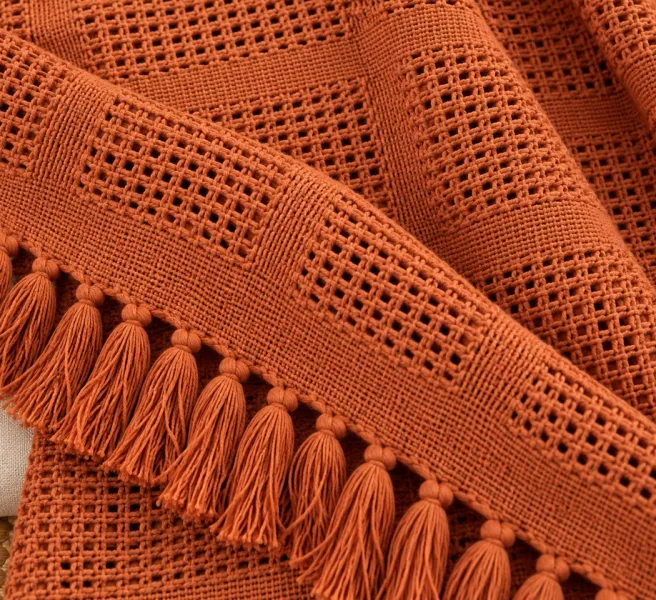 Weave India Rust Cotton Waffle Weave Throw with Knotted Fringe – 50 × 60 Inches