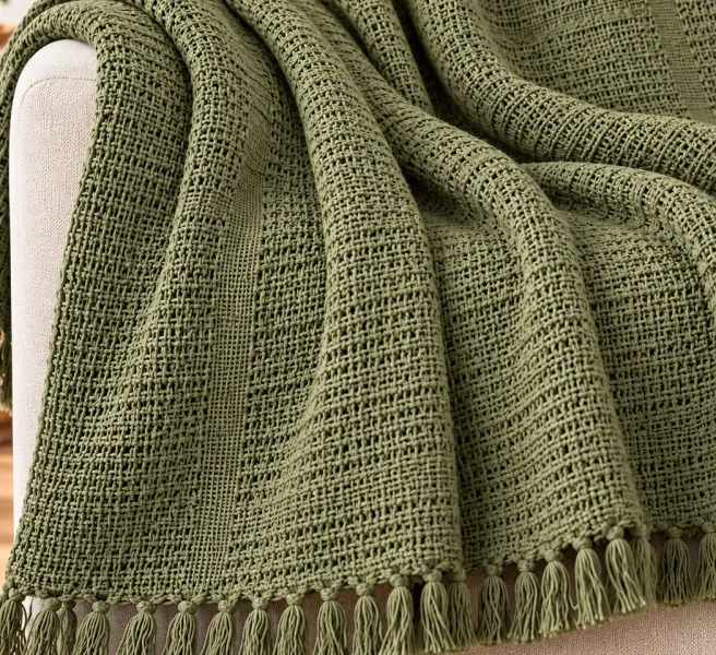 Weave India Olive Green Cotton Waffle Weave Throw with Knotted Fringe – 50×60 Inches