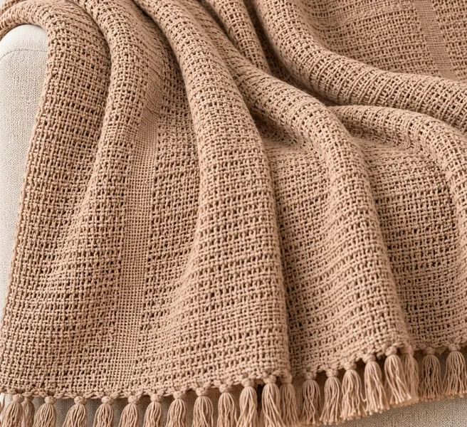 Weave India Taupe Cotton Waffle Weave Throw with Knotted Fringe – 50×60 Inches