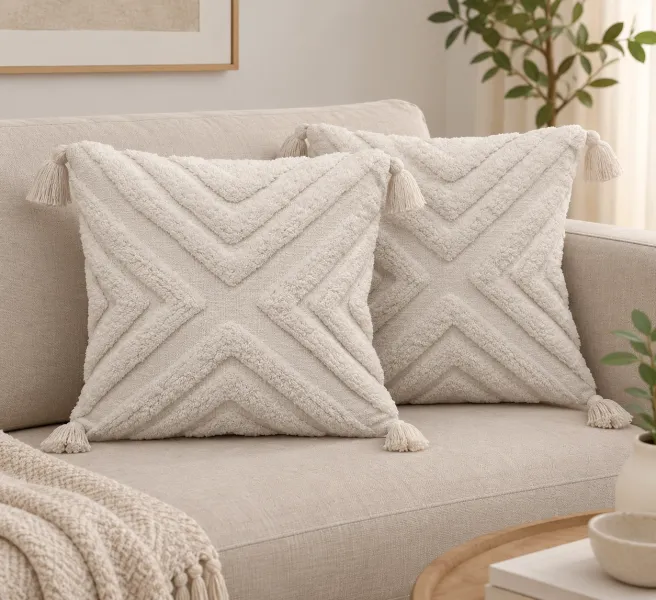 Textured Cream Chevron Cushion Cover with Tassels – 18×18 Inches (Pack of 2)