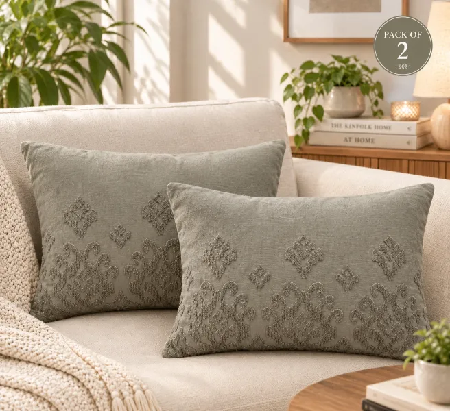 Stone Wash Embroidered Cotton Cushion Cover – Sage Grey, 14×20 Inches, Pack of 2