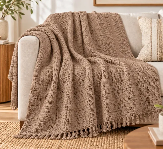 Weave India Taupe Cotton Waffle Weave Throw with Knotted Fringe – 50×60 Inches